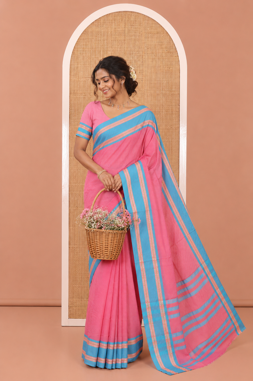 Pink Mercerised Cotton Saree, Subtly Sparkled with Checks, Contrast Rettai Pettu Border, Striped Pallu, and Matching Blouse