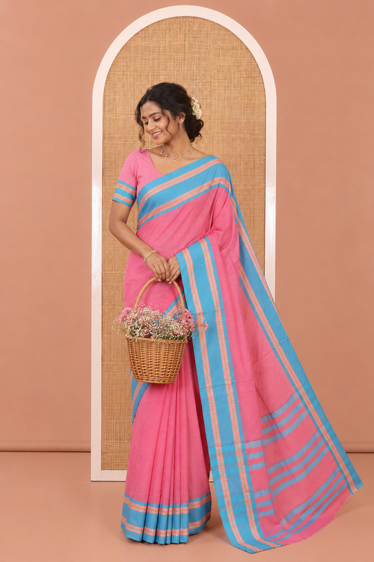 Pink Mercerised Cotton Saree, Subtly Sparkled with Checks, Contrast Rettai Pettu Border, Striped Pallu, and Matching Blouse