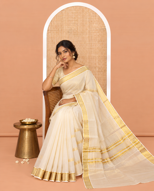 Gold Plain Kerala Tissue Saree, Gleaming Zari Temple Border, Zari Striped, and a Matching Blouse