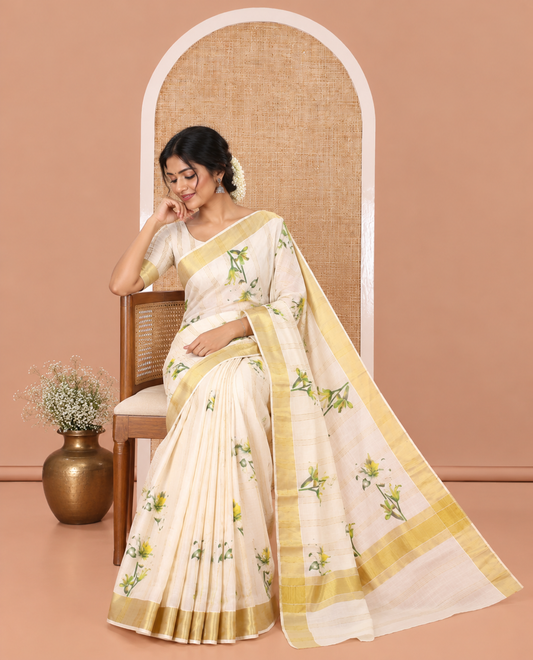 Half-White Kerala Cotton Saree, Prettified with Vertical Stripes and Floral Print on Its Body, Highlighted by a Zari Border, Pallu Pictures the Same Design, and Paired with a Matching Blouse