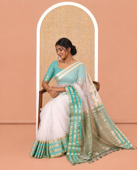 Off-White-Green Horizontal Striped Semi-Organza Saree, a Contrast Traditional Zari Border, Striped Pallu, and a Contrast Blouse