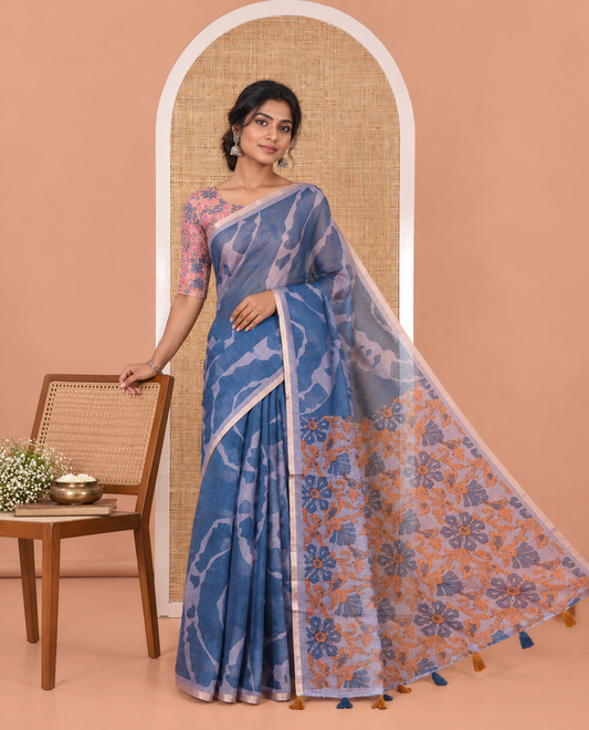 Grey Linen Cotton Saree, Adorned with Shibori Prints on Its Body, Subtle Contrast Piping Border, Pallu of Floral Print, and Paired with a Matching Blouse