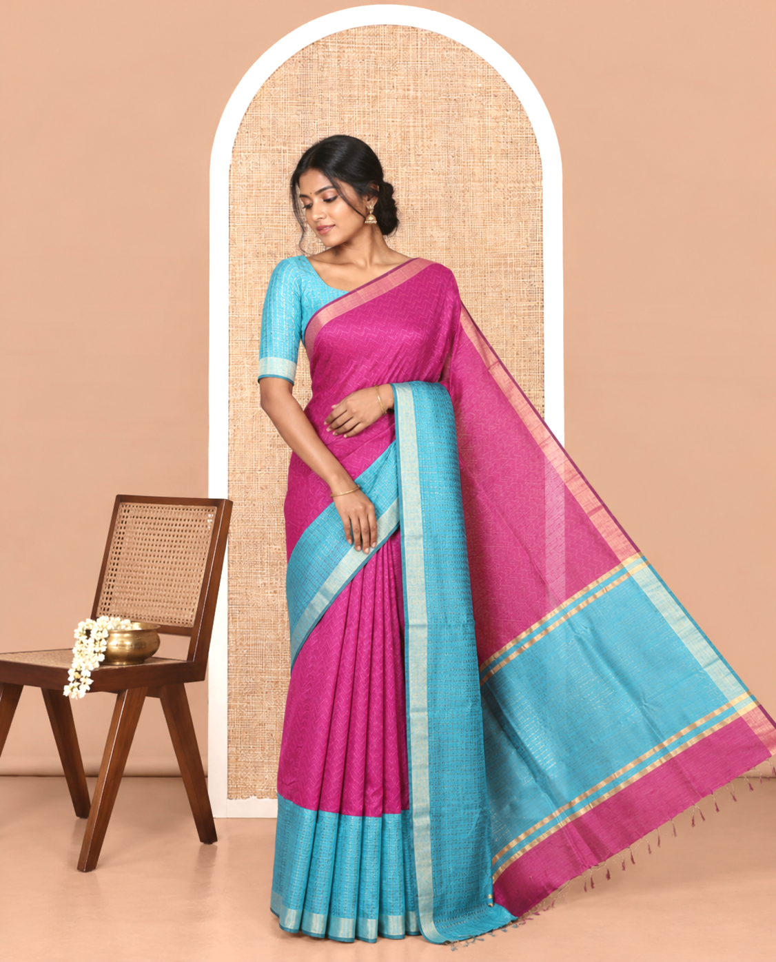 Magenta Semi-Raw Silk Saree, Delicately Woven with Zig-Zag Stripes, Contrast Border of Butta Enclosed Checks, Striped Pallu, and a Contrast Blouse