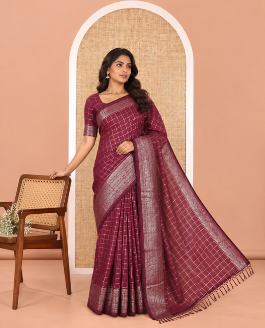 Purple Vichitra Saree, Ornamented with Medium-Sized Checked Design on Its Body, Highlighted by a Traditional Design Border, Self-Pallu, and Comes Without a Blouse