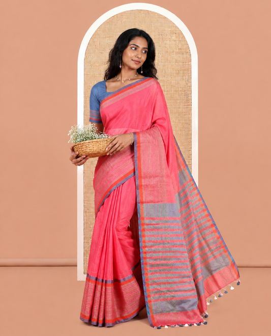 Red Plain Khadi Cotton Saree, Contrast Satin Striped Border, Striped Pallu, and a Contrast Blouse