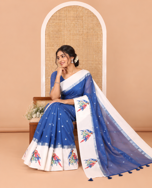 Royal blue zari buttas fancy organza saree, contrast satin with small zari border of macaw parrot motifs digital print, zari pallu, and a running blouse