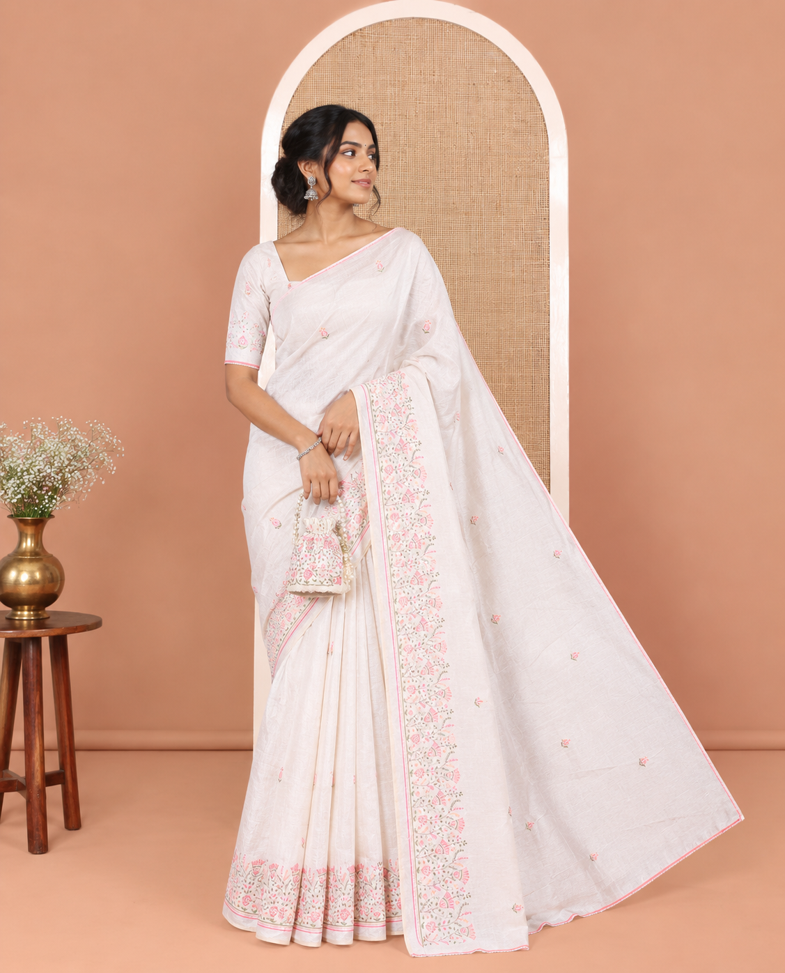 Cream Semi-Tussar Saree Features Thread Floral Embroidery, Embroidered Border, Matching Blouse