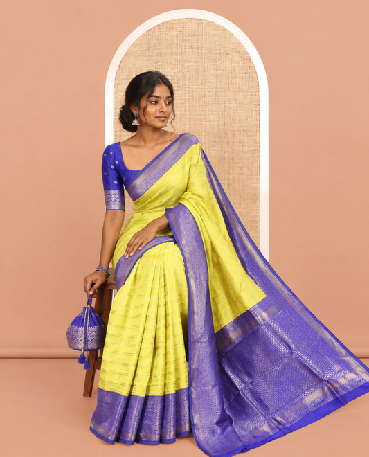 Lemon Yellow Semi-Kanchi Silk Saree, Adorned with Stripes and Buttas, a Contrast Traditional Zari Border, Grand Pallu, and a Contrast Blouse