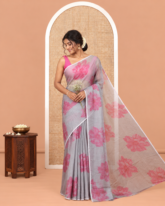 Borderless Grey Rangoli Chiffon Saree