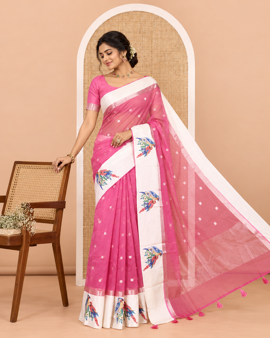 Pink zari buttas fancy organza saree, contrast satin with small zari border of macaw parrot motifs digital print, zari pallu, and a running blouse