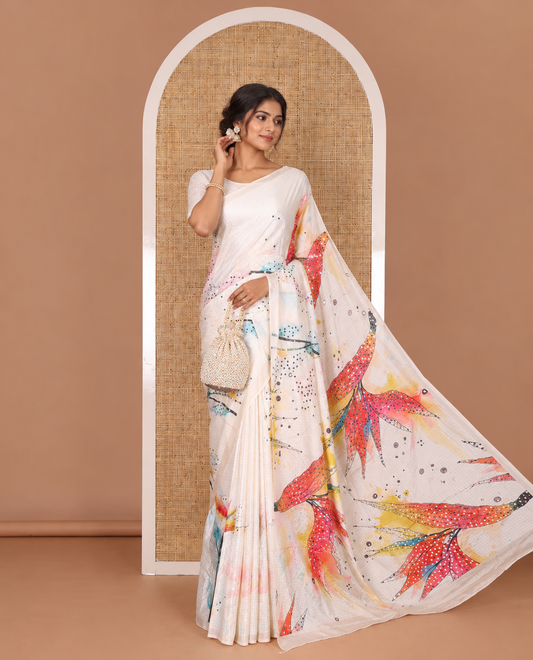 Cream micro-checked, and colorful floral printed with mirror work masakali saree, thin border, and pallu of floral print and mirrorwork, and a checked blouse