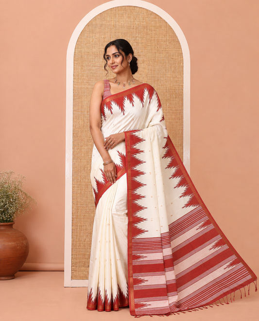 Cream-Maroon Katan Silk Saree Features Buttas, Complemented by Contrast Temple Zari Border, Striped Pallu, and a Contrast Blouse