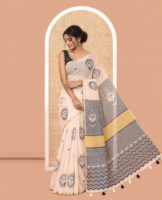 Borderless Chikku Linen Cotton Saree Showcasing Face Print, Contrast Pallu of Chevron Stripes and Face Print, a Contrast Blouse