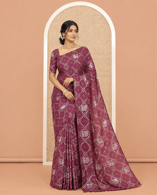 Borderless Wine Vichitra Silk Saree Features Elephant Butta Enclosed Jaal Design, a Self-Pallu, and No Blouse
