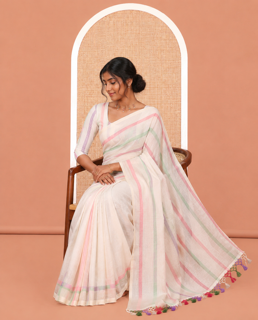 Borderless Off-White Kerala Cotton Saree Features Multi-color Stripes, and a Matching Blouse