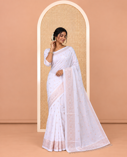 White Vichitra Silk Saree, Subtly Woven with Zari Buttas, a Zari Border, and a Matching Blouse