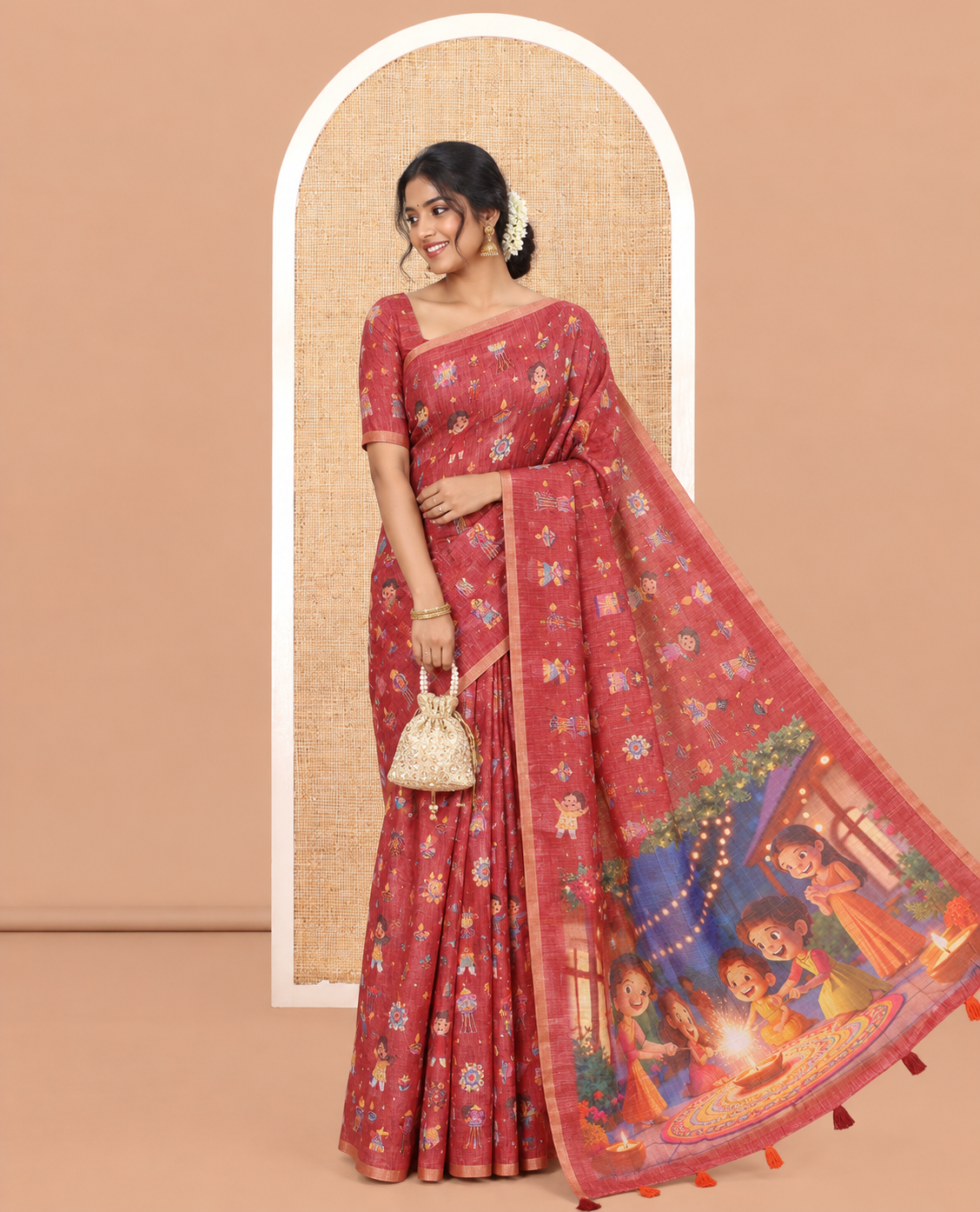 Maroon Diwali-Style Printed Linen Cotton Saree