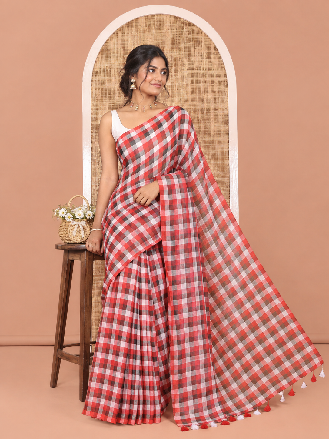 Borderless White-Black Khadi Mul Cotton Saree, Adorned with Madras Checks, Comes without Blouse