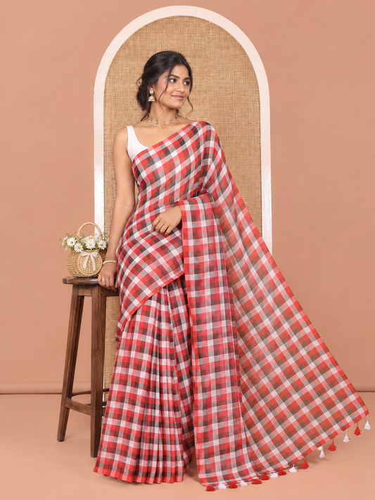 Borderless White-Black Khadi Mul Cotton Saree, Adorned with Madras Checks, Comes without Blouse