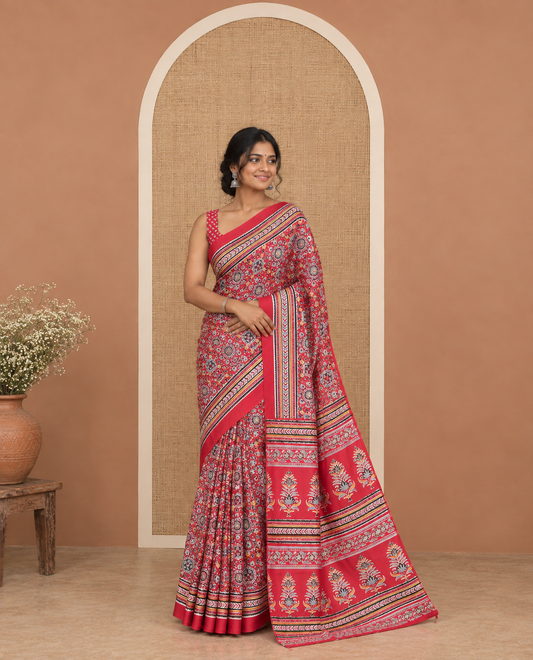 Maroon Satin Crepe Saree, Accentuated with Intricately Ajrakh Print All Over Its Body, a Self-Border, Ajrakh Printed Pallu, and Paired with a Matching Blouse