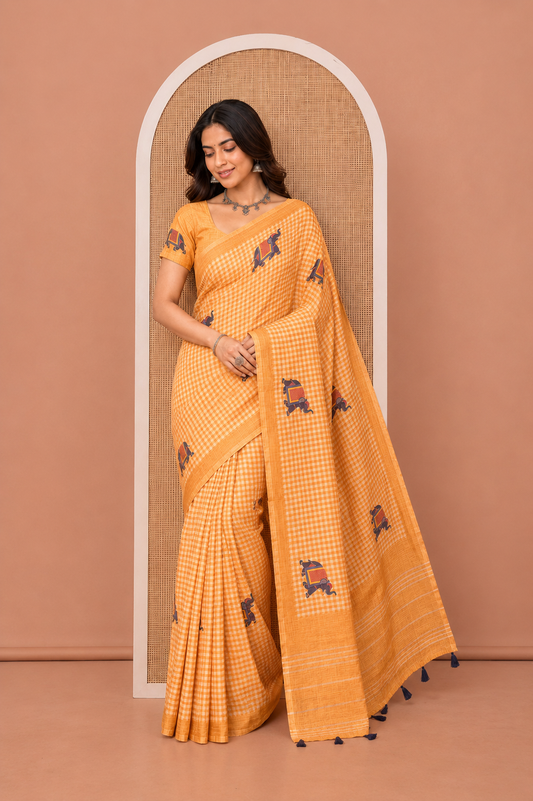 Yellow Linen Cotton Saree, Adorned with Micro-Checks and Elephant Motifs on Its Body, Complemented by a Contrast Border, Striped Pallu, and Paired with a Contrast Elephant Motifs Printed Blouse