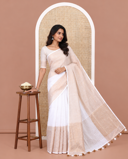 Borderless Off-White Linen Saree Flanked by Horizontal Zari Stripes, a Self-Pallu, and a Matching Blouse