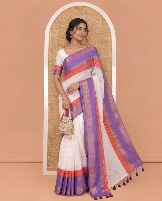 Cream Khadi Mul Cotton Saree, Accentuated with Contrast Border Kanchi Traditional Rettai Pettu Border, and a Matching Blouse