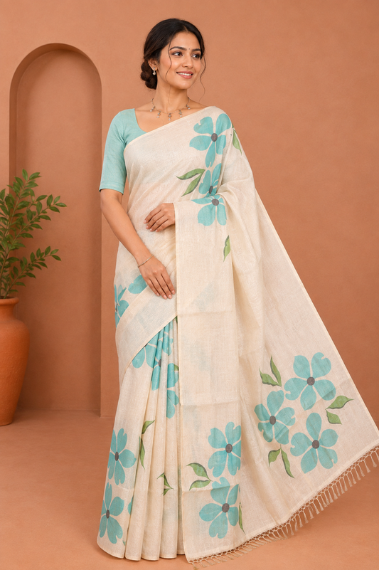 Borderless Cream-Sea Green Tissue Saree Features Floral Print, a Floral Printed Pallu, and a Contrast Blouse