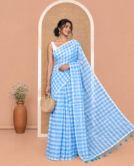 Borderless Blue Khadi Mul Cotton Saree, Adorned with Micro-Checks and No Blouse
