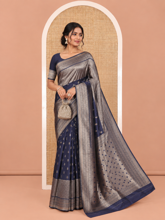 Navy Blue Elite Soft Silk Saree, Enriched with Jacquard, Buttas, Traditional Border, Grand Pallu and Matching Blouse