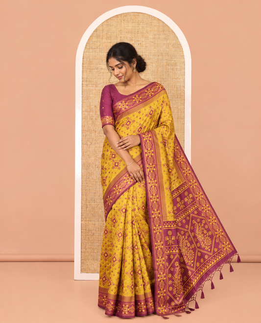 Mustard Elite Soft Silk Saree, Adorned with Pochampally-Style Ikat Thread Weave, Contrast Chakra Border, Floral Pallu, and a Contrast Blouse