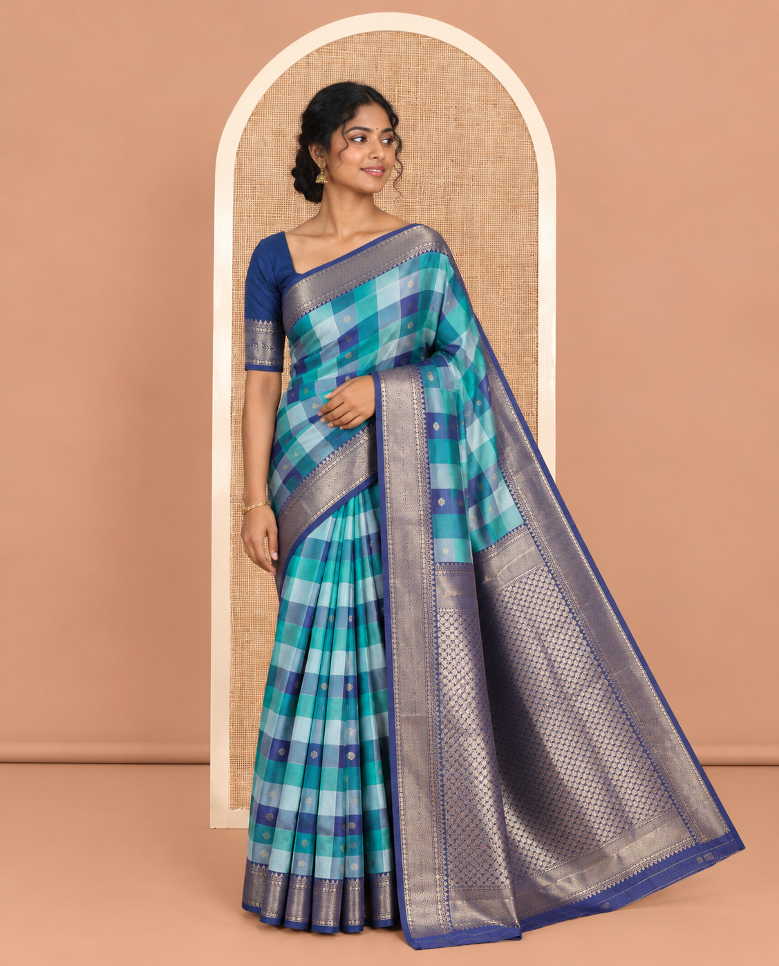 Navy Blue Buttas-Checked Semi-Kanchi Silk Saree, a Traditional Border, Grand Pallu, Matching Blouse