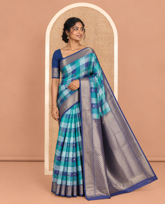 Navy Blue Buttas-Checked Semi-Kanchi Silk Saree, a Traditional Border, Grand Pallu, Matching Blouse