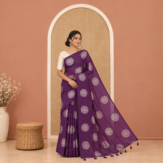 Borderless Violet Vichitra Saree Features Rangoli-Style Round Buttas Foil Print and a Contrast Sequins Embroidered Blouse