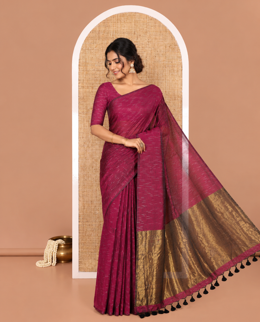 Borderless Purple Khadi Mul Cotton Saree Decked with Jharna-Style Waterdrop Motifs, Featuring a Gleaming Zari-Woven Pallu, Paired with a Matching Blouse Replicating the Body Motifs