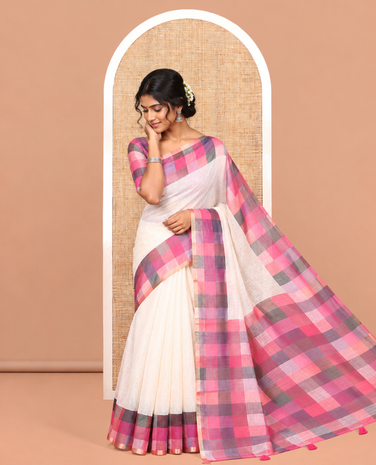 Cream-Pink Plain Handloom Cotton Saree, a Contrast Checked Border, Checked Pallu, and a Contrast Blouse