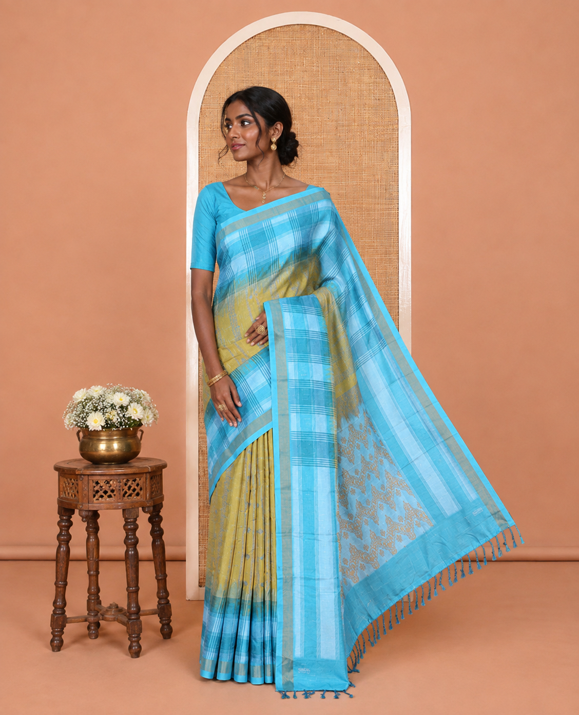 Yellow Floral Design Manipuri Silk Saree, Contrast Checked Border, Mughal-Style Pallu, Contrast Blouse