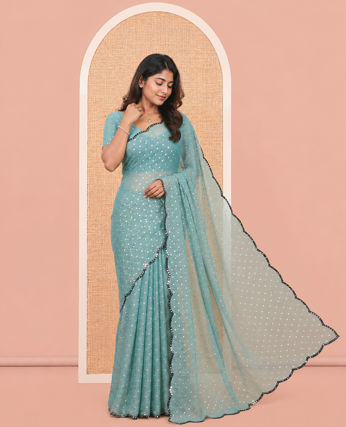 Sea Green Shimmer Chiffon Saree, Steeped with Buttas, a Scallop Mirror Work Border, and a Matching Blouse