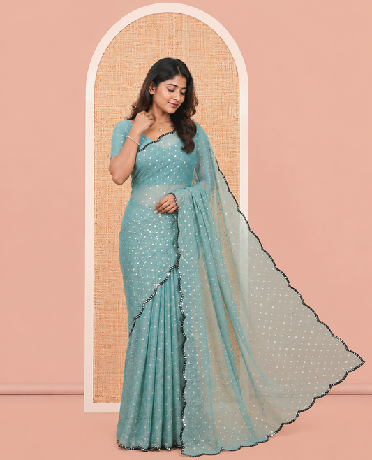 Sea Green Shimmer Chiffon Saree, Steeped with Buttas, a Scallop Mirror Work Border, and a Matching Blouse