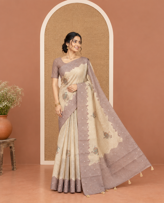 Cream Tissue Saree, Ornamented with Floral Buttas and Mirrorwork, a Self-Border, Ogee Print Pallu, and a Matching Blouse