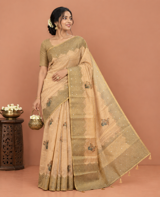 Chikku Tissue Saree, Enriched with Floral Buttas and Mirrorwork, a Self-Border, Pallu of Ogee Print, and a Matching Blouse