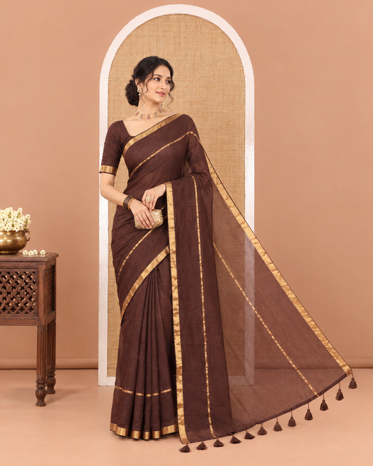Brown Plain Khadi Mul Cotton Saree, Subtly Sparkled with Zari Border, Self-Pallu, and Paired with a Matching Blouse