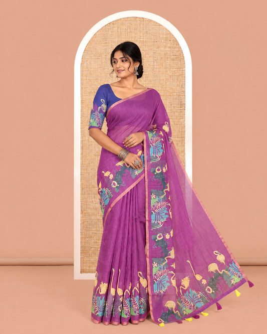 Purple Plain Linen Cotton Saree
