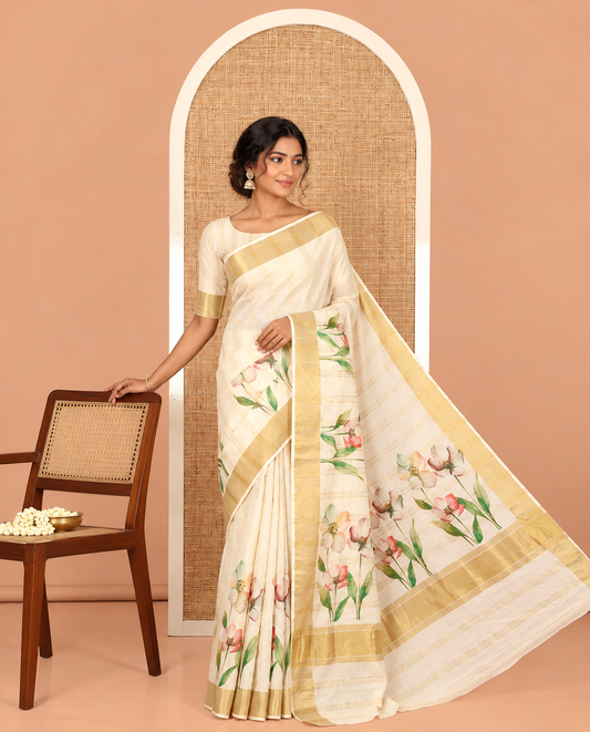 Cream Kerala Cotton Saree, Adorned with Zari Stripes and Floral Print, Highlighted by Zari Border, Printed Pallu and a Matching Blouse