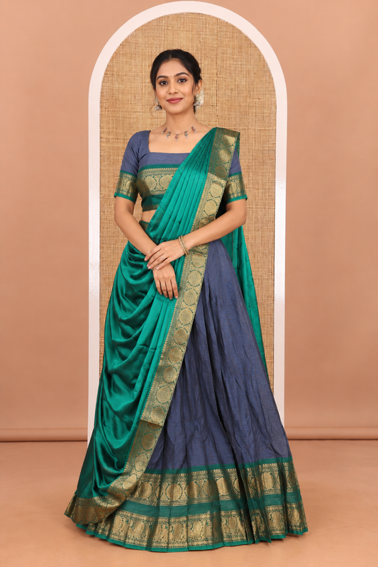 Steel Blue-Green Chettinad Cotton Half-Saree, Plain Contrast Annam-Chakram Zari Bordered Skirt, Matching Blouse, and a Contrast Dhavani