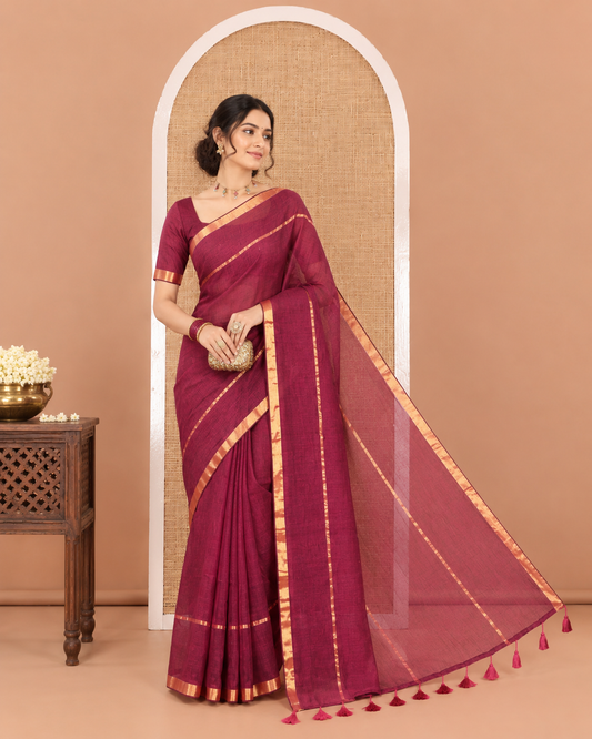 Purple Plain Khadi Mul Cotton Saree, Subtly Sparkled with Zari Border, Self-Pallu, and Paired with a Matching Blouse