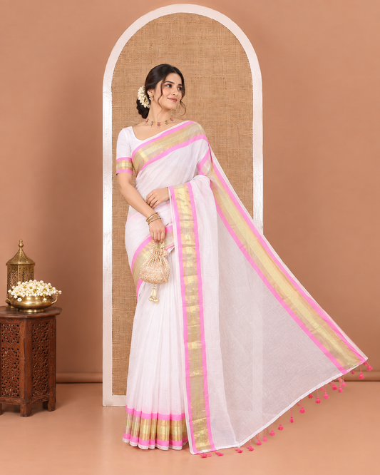 White Plain Khadi Mul Cotton Saree, Complemented by a Contrast Zari Border, Subtle Self-Pallu, and Paired with a Running Blouse