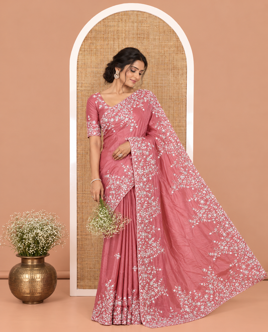 Onion Pink Plain Satin Crepe Saree, Accentuated with Floral Vine Thread Embroidery on Its Border, a Self-Pallu, and Paired with a Matching Blouse