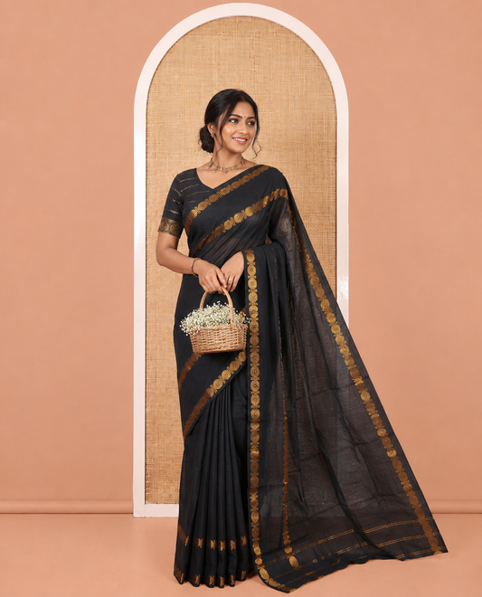 Black Plain Sungudi Cotton Saree, Highlighted by Traditional Rettai Pettu Rudraksham Border, Striped Pallu, and a Matching Blouse