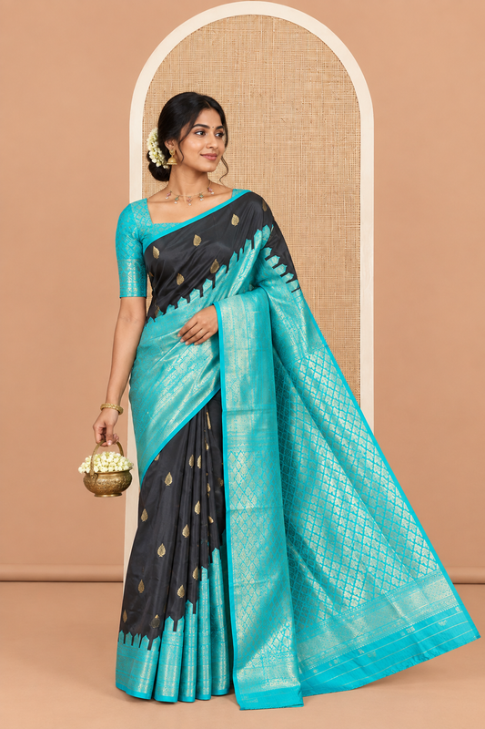 Borderless Black Art Kanchi Silk Saree, Adorned with Buttas and Jacquard Design, Jaal Pallu, and a Contrast Blouse